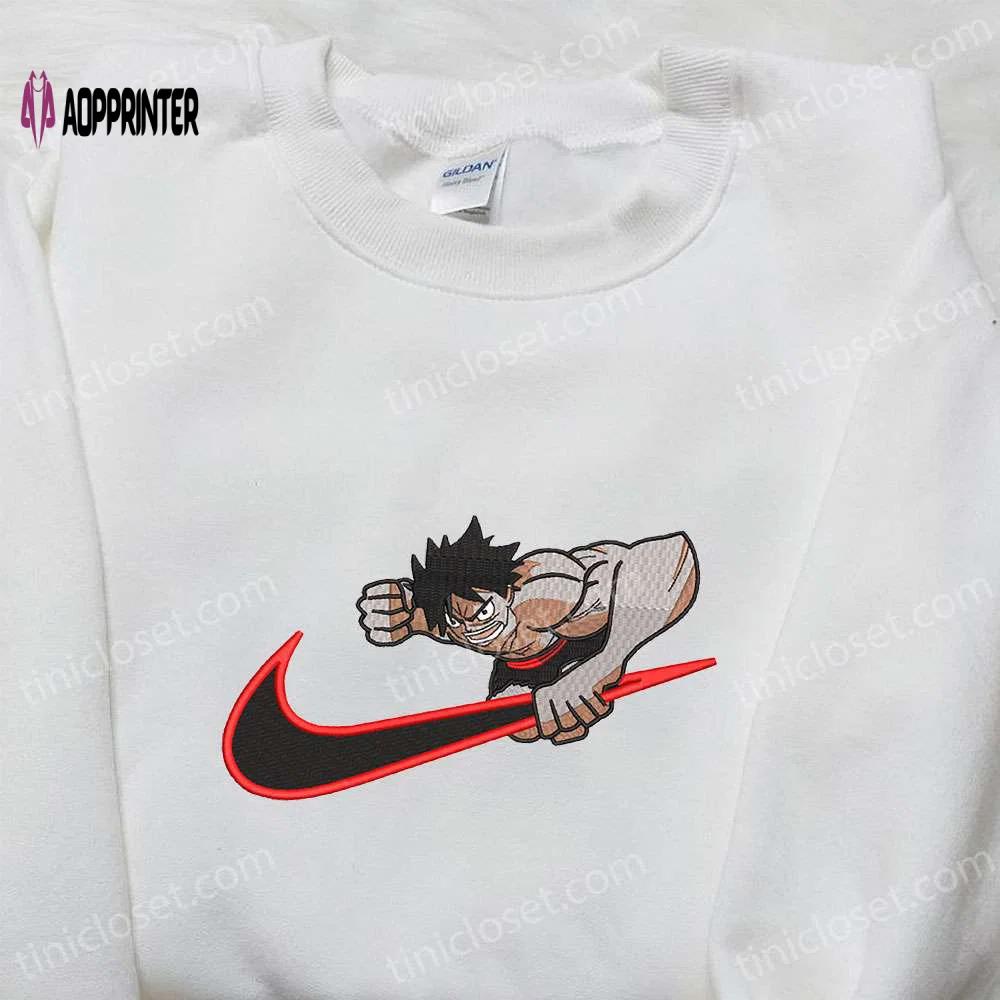 Monkey d luffy x nike swoosh anime embroidered sweatshirt: one piece & nike inspired shirt Embroidered Shirt