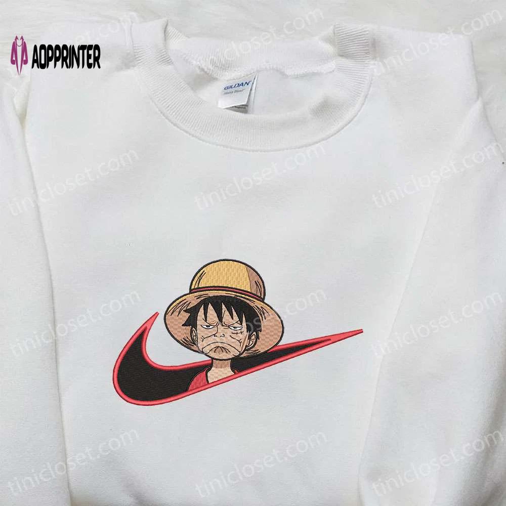 Monkey d luffy x nike swoosh embroidered tshirt: one piece & nike inspired shirt Embroidered Shirt