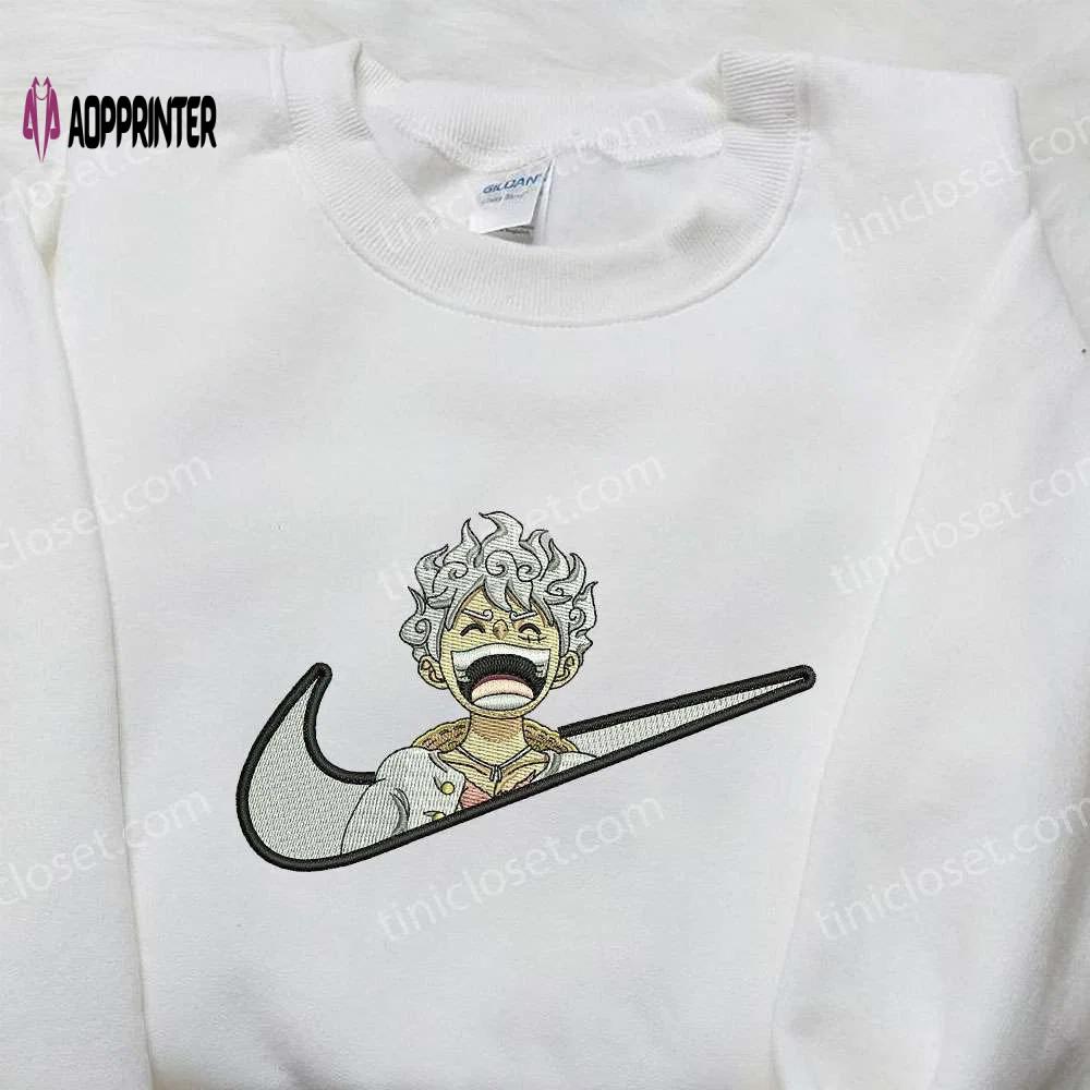 Monkey d luffy x nike swoosh shirt – one piece embroidered anime tee Embroidered Shirt
