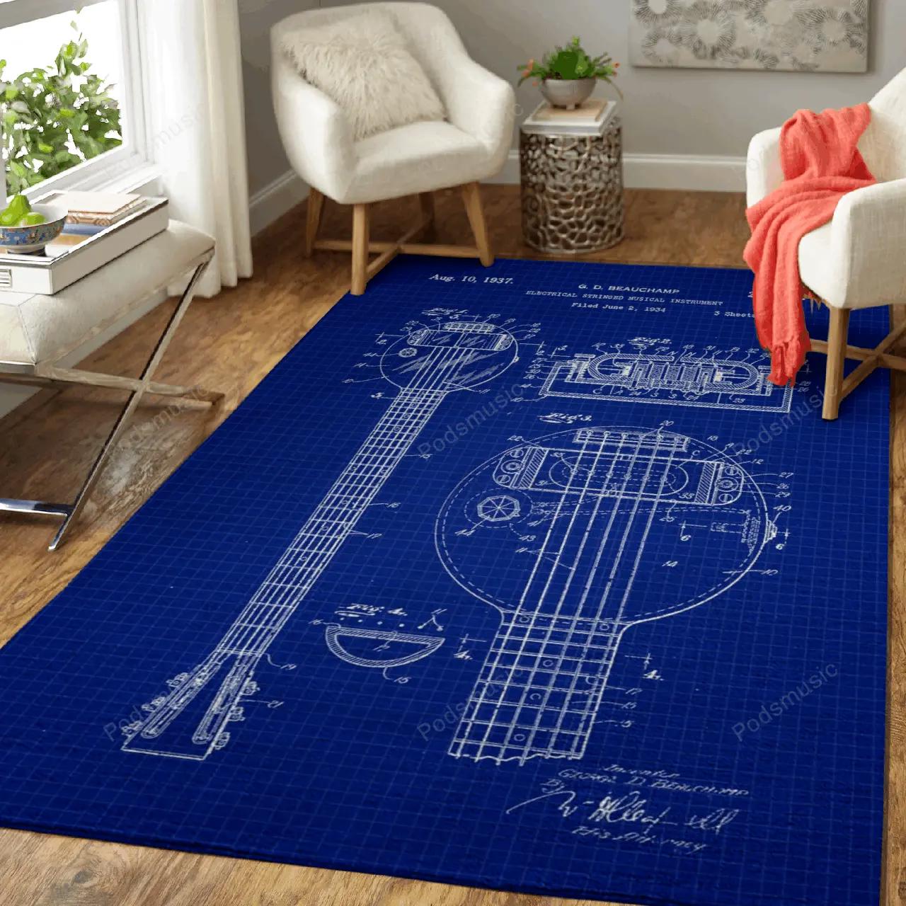 Musical instrument patent music instrument blueprint art for fans area rug living room carpet rug regtangle carpet floor decor home decor Rectangle Rug