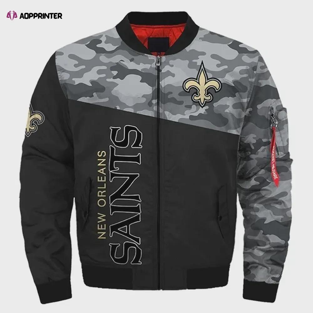 New orleans saints military pattern bomber jacket – black and gray Bomber Jacket