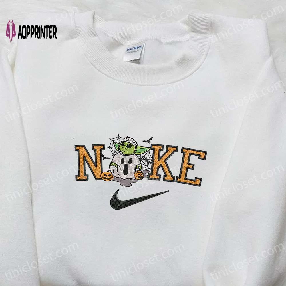 Nike x baby yoda halloween pumpkin embroidered shirt: spooky nike inspired halloween shirt Embroidered Shirt