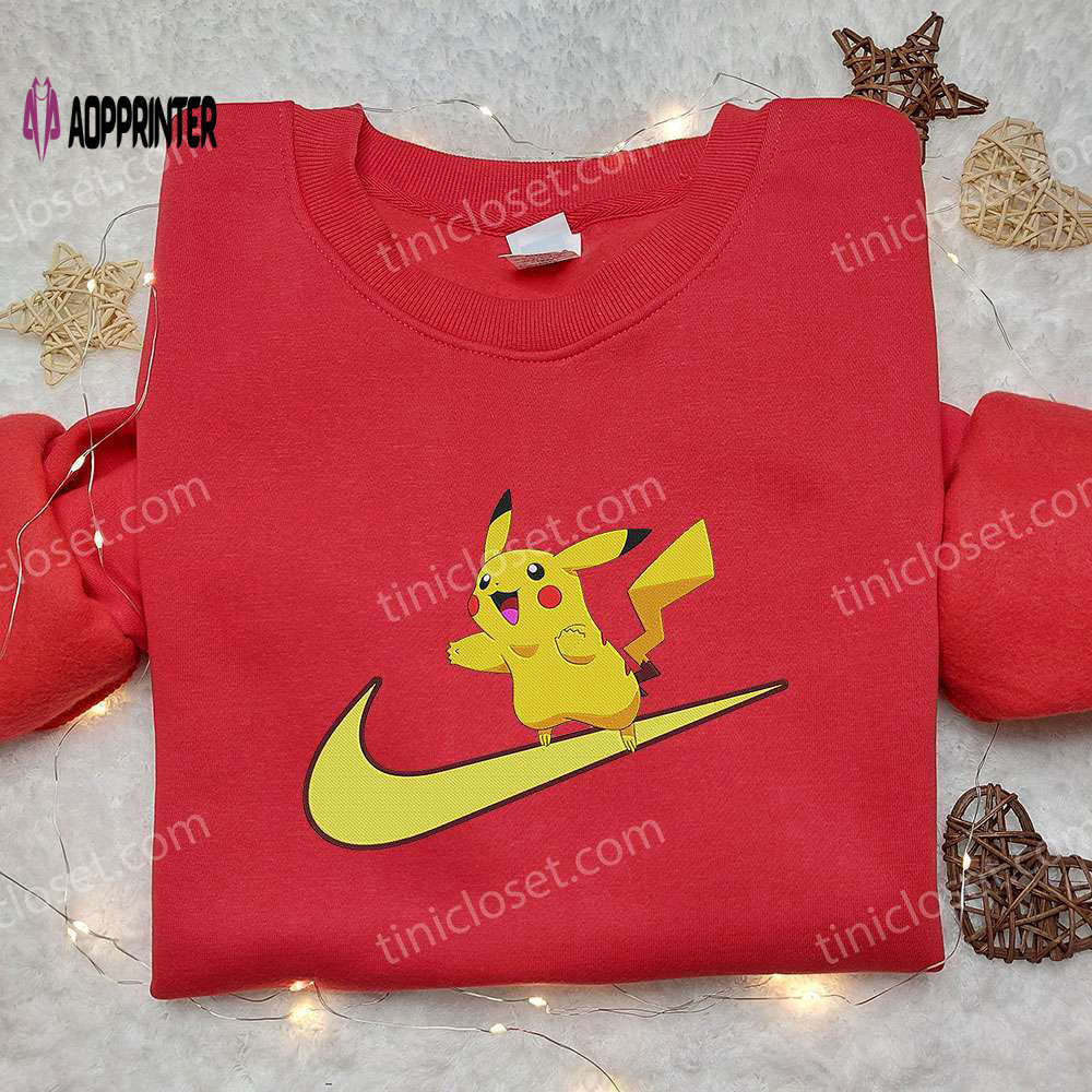 Pikachu x nike swoosh anime hoodie & embroidered shirts – pokemon & nike inspired apparel Embroidered Shirt