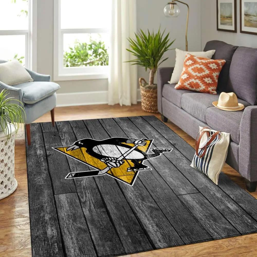Pittsburgh penguins nhl team logo grey rugs wooden style living room carpet Rectangle Rug