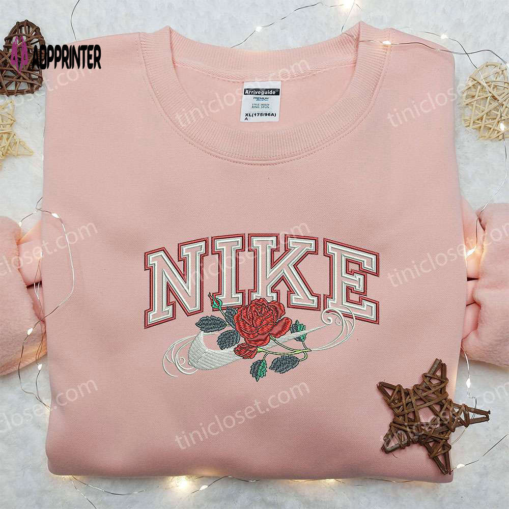 Rose x nike embroidered sweatshirt: flower shirt nike inspired – stylish & unique floral design Embroidered Shirt