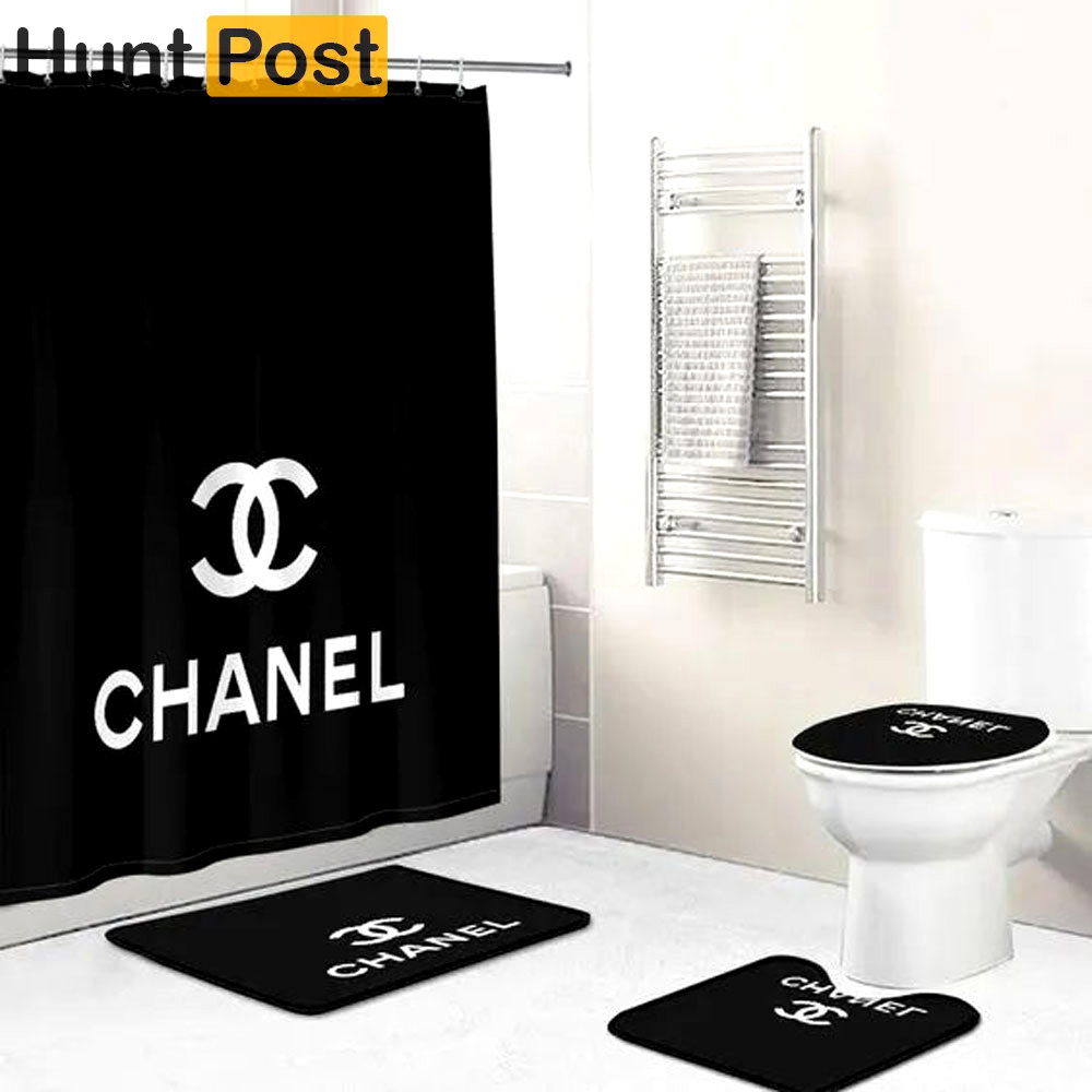 Rugs in living room and bedroom - Chanel black bathroom set hot 2023 luxury shower curtain bath rug mat home decor 326 Bathroom Accessory Sets