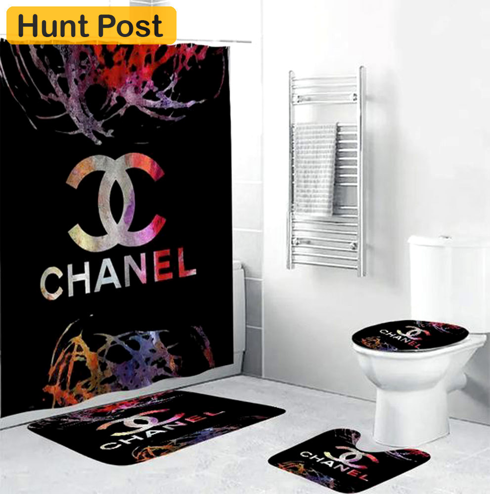 Rugs in living room and bedroom - Chanel black colorful bathroom set hot 2023 luxury shower curtain bath rug mat home decor 261 Bathroom Accessory Sets