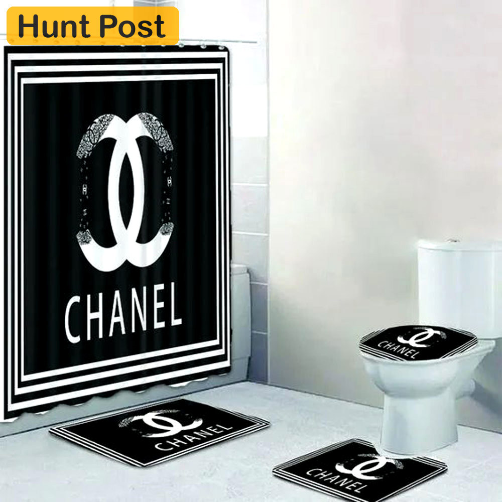 Rugs in living room and bedroom - Chanel black white bathroom set hot 2023 luxury shower curtain bath rug mat home decor 318 Bathroom Accessory Sets