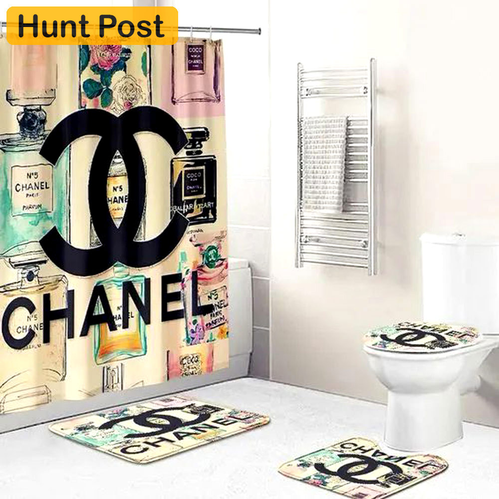 Rugs in living room and bedroom - Chanel perfume bathroom set hot 2023 luxury shower curtain bath rug mat home decor 273 Bathroom Accessory Sets