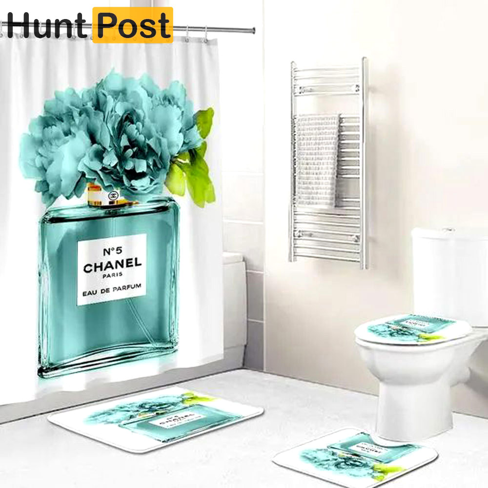 Rugs in living room and bedroom - Chanel perfume bathroom set hot 2023 luxury shower curtain bath rug mat home decor 324 Bathroom Accessory Sets