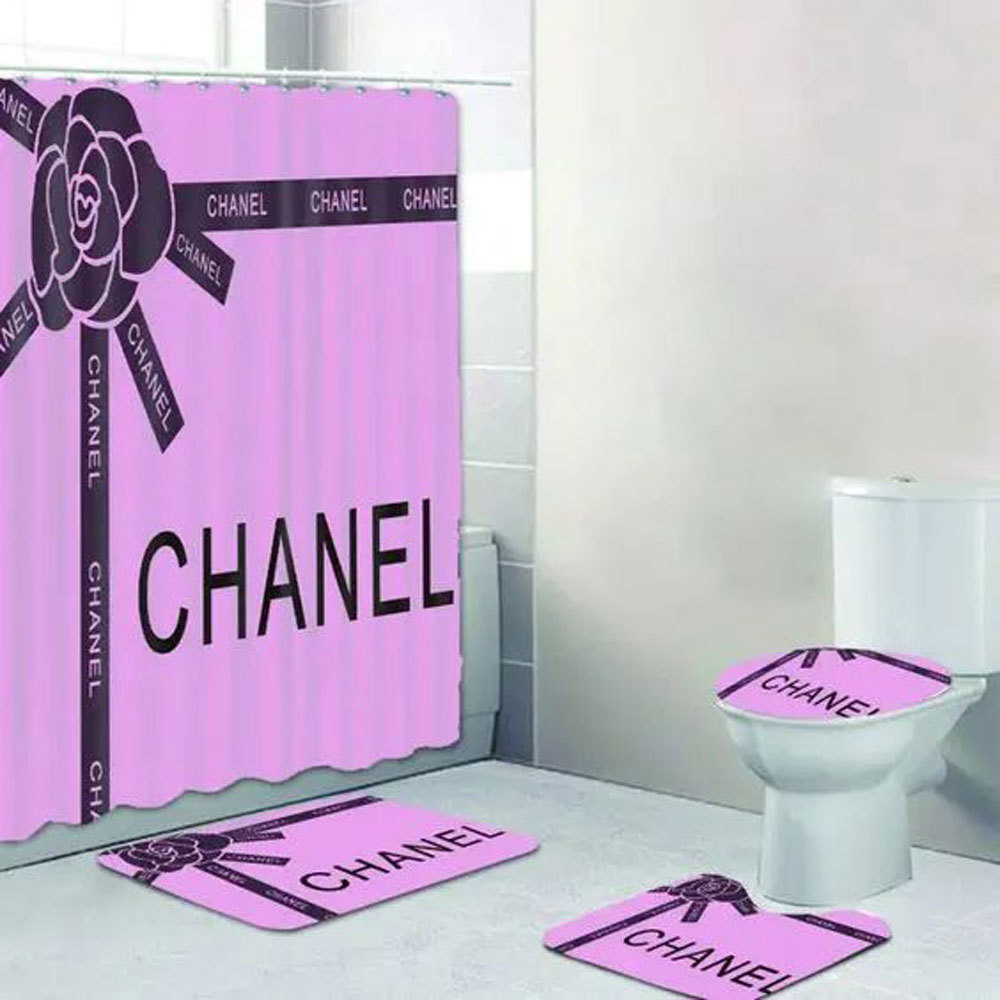 Rugs in living room and bedroom - Chanel purple bathroom set hot 2023 luxury shower curtain bath rug mat home decor 266 Bathroom Accessory Sets