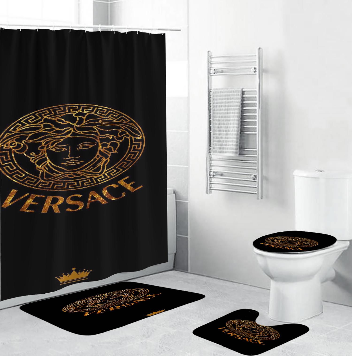 Rugs in living room and bedroom - Gianni versace black bathroom set hot 2023 luxury shower curtain bath rug mat home decor 175 Bathroom Accessory Sets