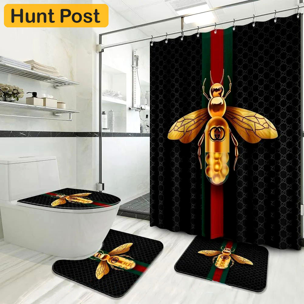 Rugs in living room and bedroom - Gucci black bee bathroom set hot 2023 luxury shower curtain bath rug mat home decor 213 Bathroom Accessory Sets