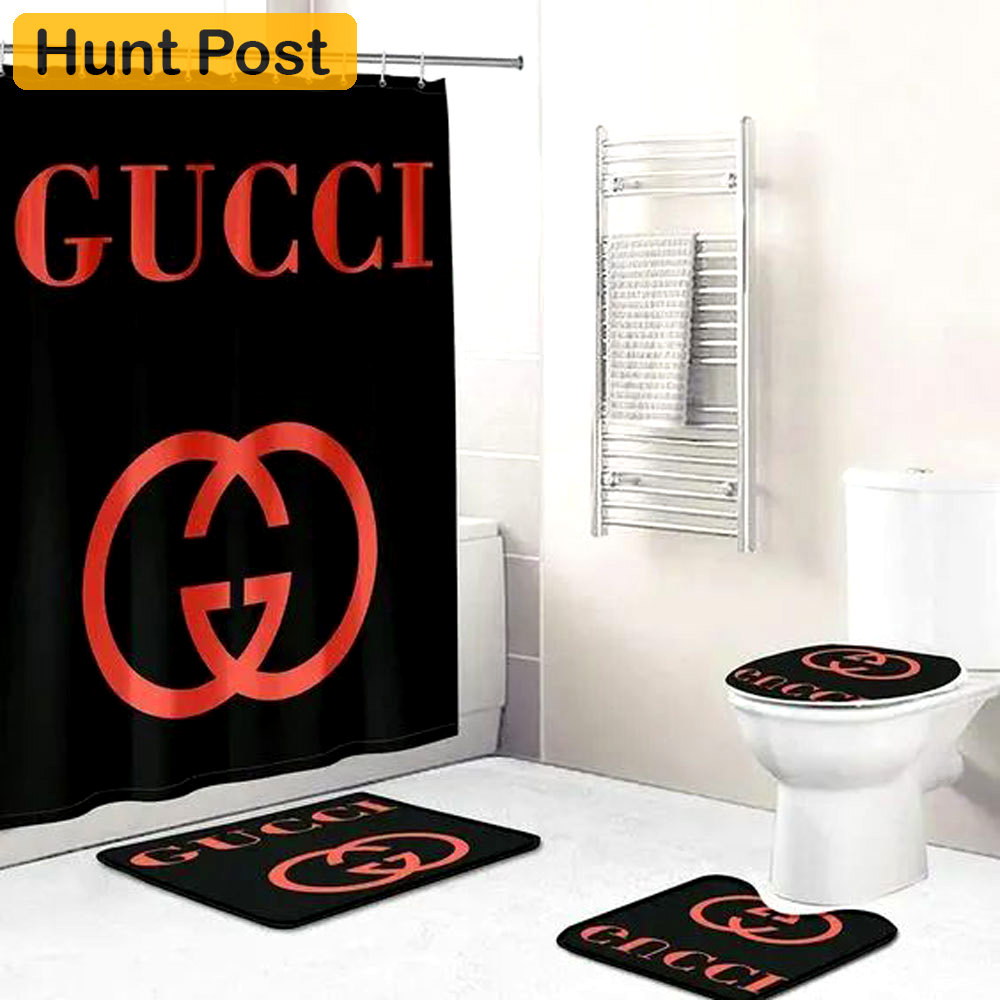 Rugs in living room and bedroom - Gucci black red bathroom set hot 2023 luxury shower curtain bath rug mat home decor 237 Bathroom Accessory Sets