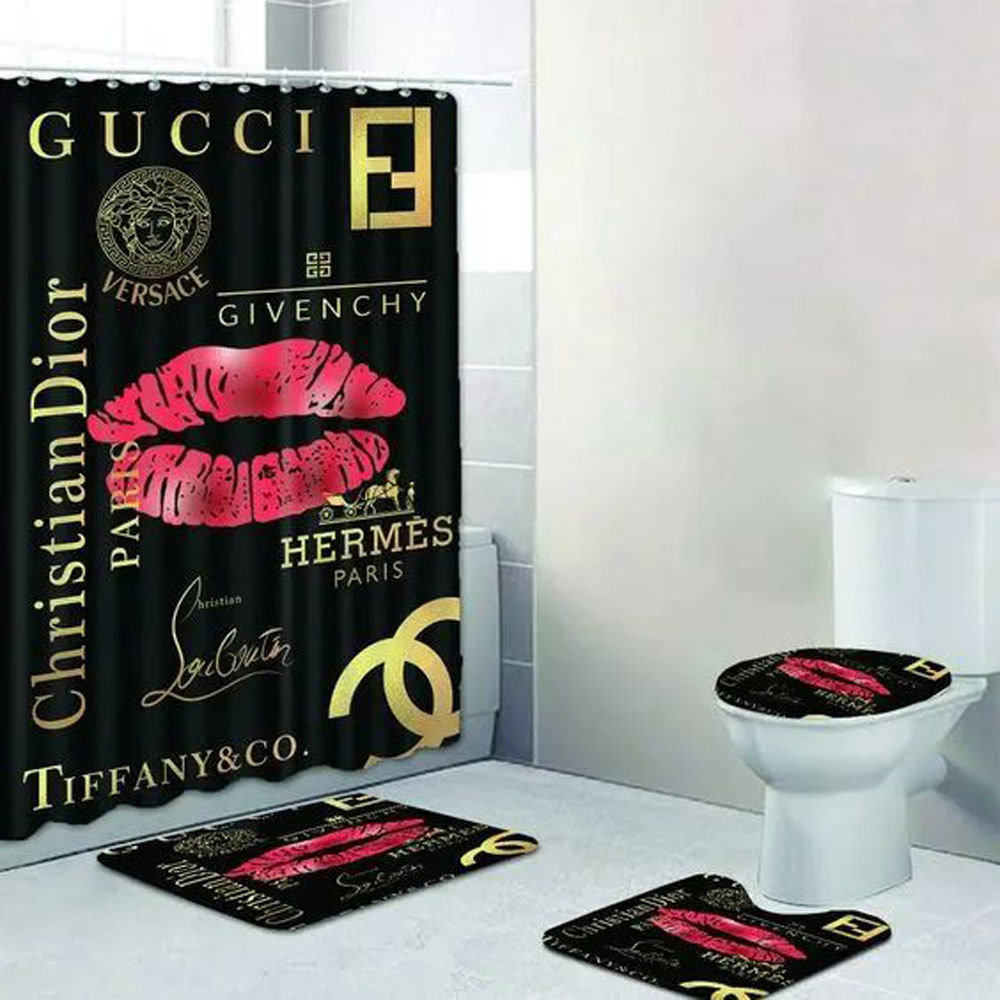 Rugs in living room and bedroom - Gucci versace chanel dior bathroom set hot 2023 luxury shower curtain bath rug mat home decor 218 Bathroom Accessory Sets