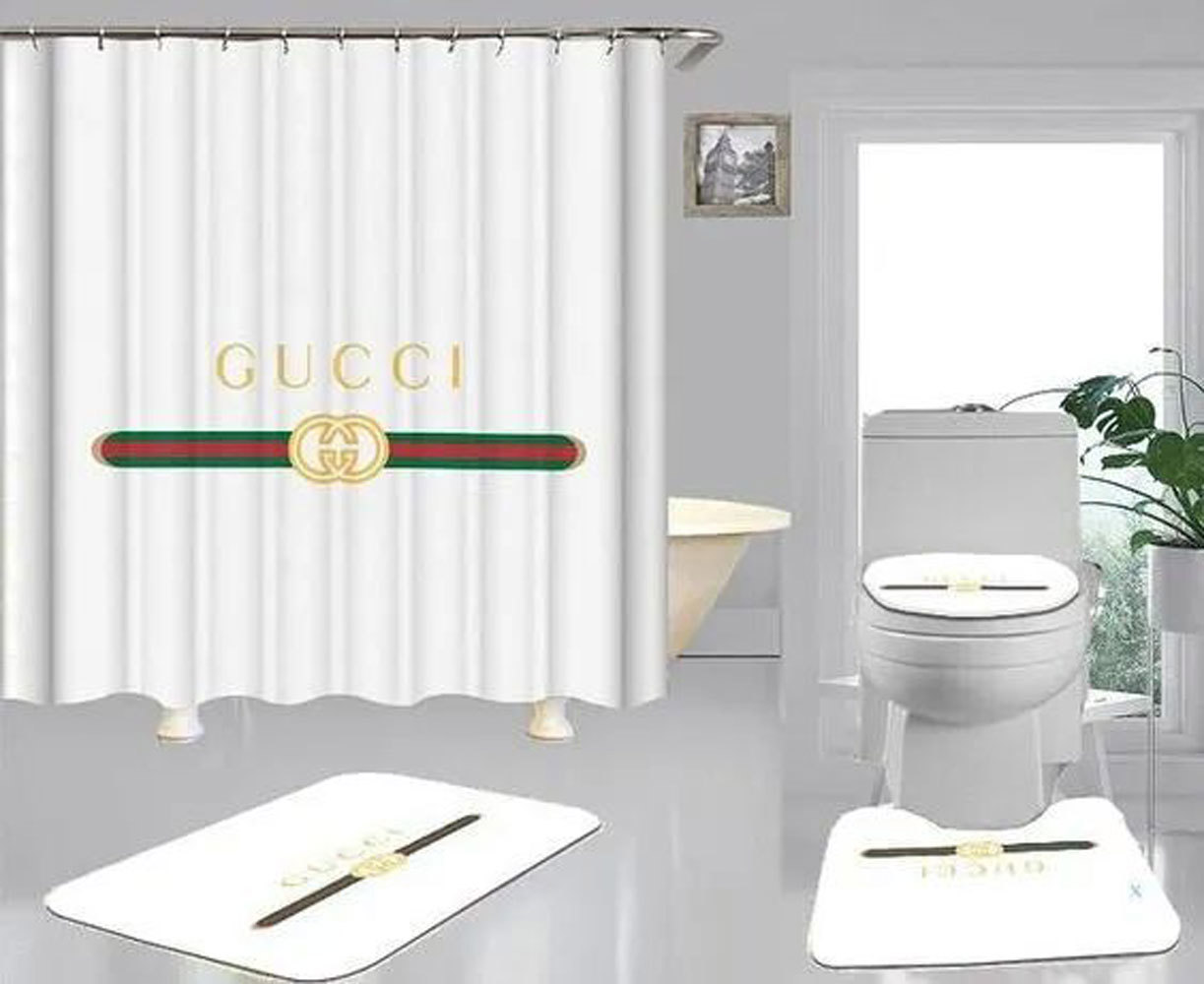 Rugs in living room and bedroom - Gucci white bathroom set hot 2023 luxury shower curtain bath rug mat home decor 222 Bathroom Accessory Sets