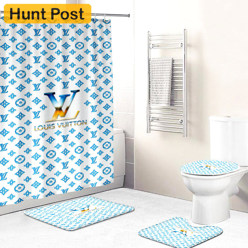 Rugs in living room and bedroom - Louis vuitton lv blue bathroom set hot 2023 luxury shower curtain bath rug mat home decor 126 Bathroom Accessory Sets