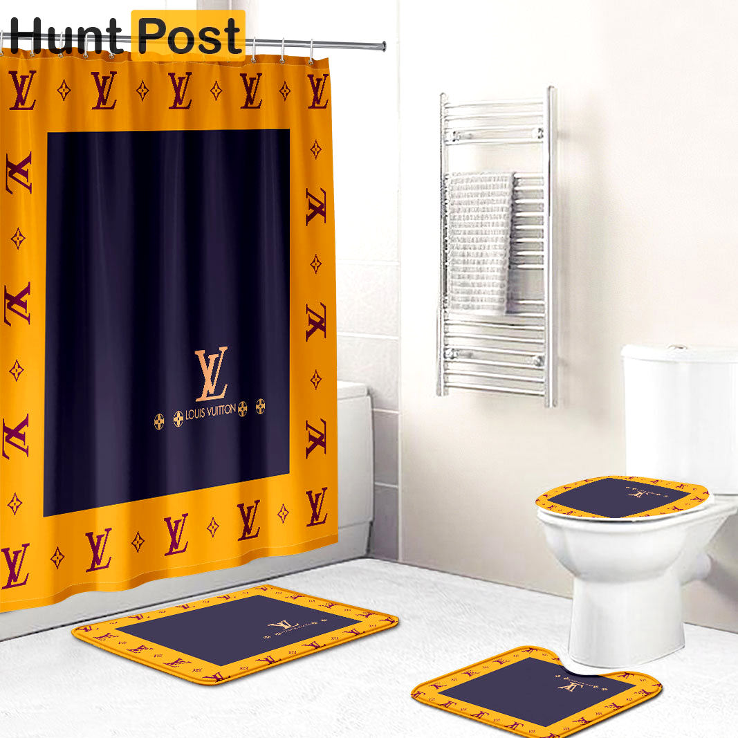 Rugs in living room and bedroom - Louis vuitton lv blue orange bathroom set hot 2023 luxury shower curtain bath rug mat home decor 131 Bathroom Accessory Sets