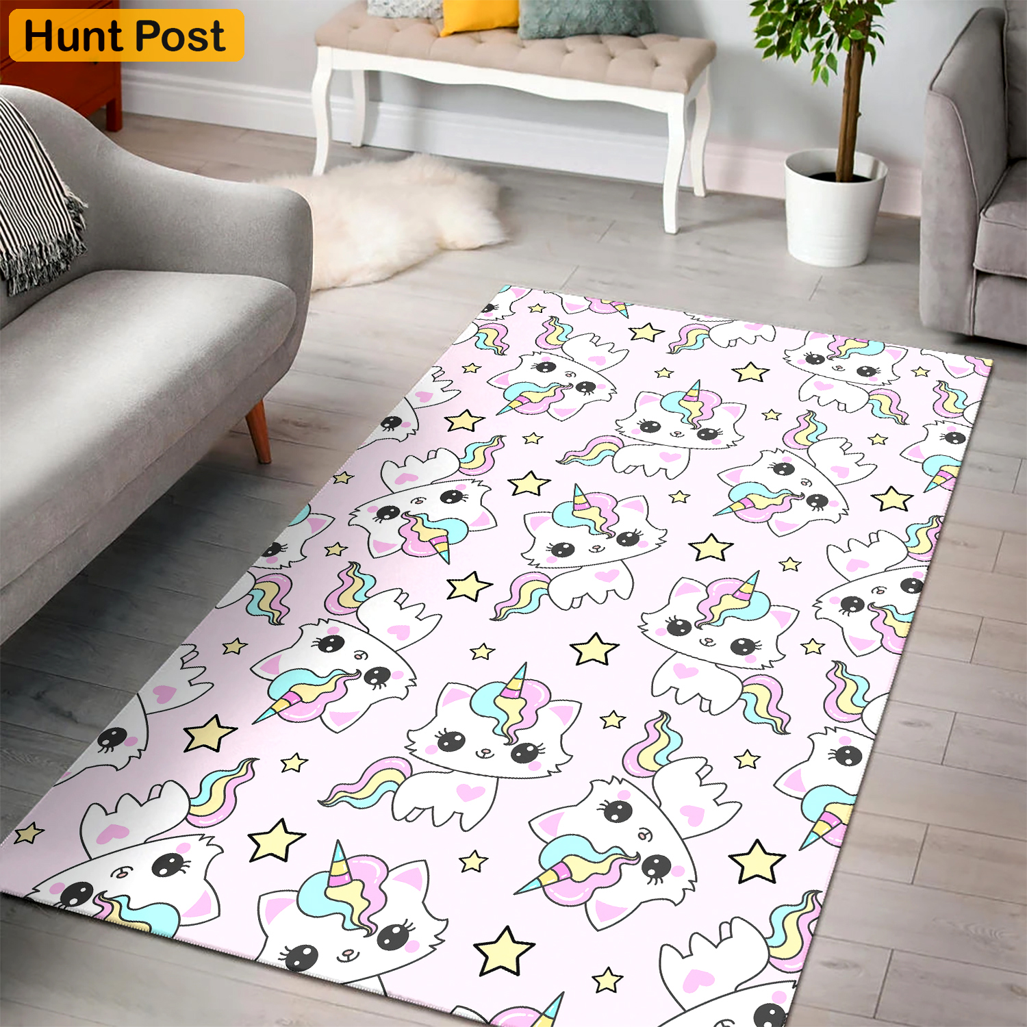Rugs in living room and bedroom kawaii cat with star rectangle rug- vintage rug- boho decor- kitty rug Rectangle Rug