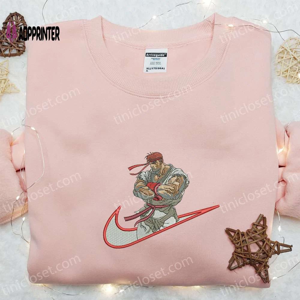 Ryu x swoosh embroidered hoodie & street fighter shirt – best family gift ideas Embroidered Shirt