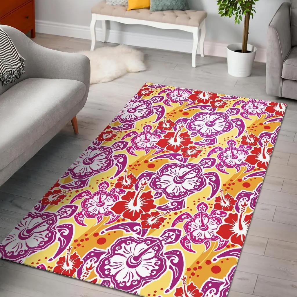 Sea turtle red hibiscus hawaiian pattern print area rug living room rug home decor Rectangle Rug