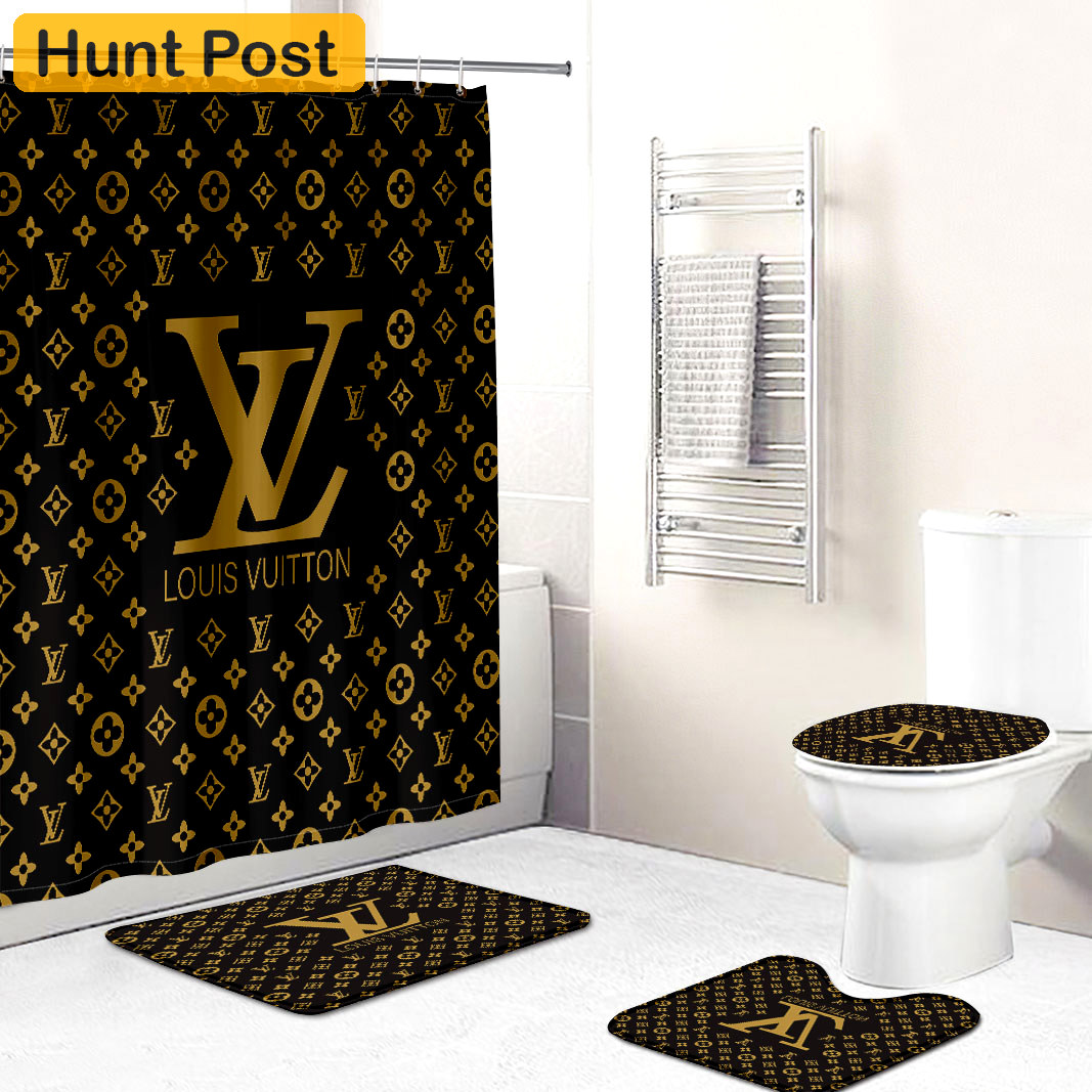 Shower curtains lv louis vuitton brown and gold yellow logo full bath mat sets shower curtain 406 Bathroom Set