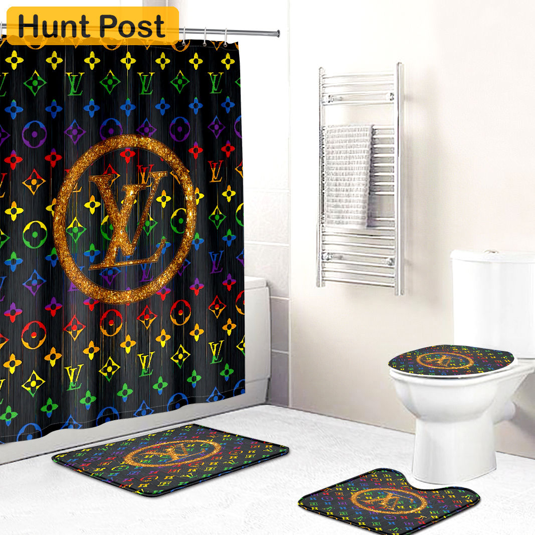 Shower curtains lv louis vuitton  rainbow colors full bath mat sets shower curtain 411 Bathroom Set