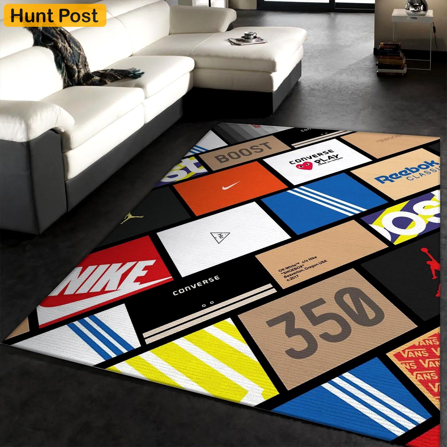 Sneaker boxes logo type 135. Upgrade Your Living Room with Luxury Home Decor: Area Carpets, Floor Decor, Door Mats, and Hot Gift Items with style a High-End Fashion Brand Rectangle Rug