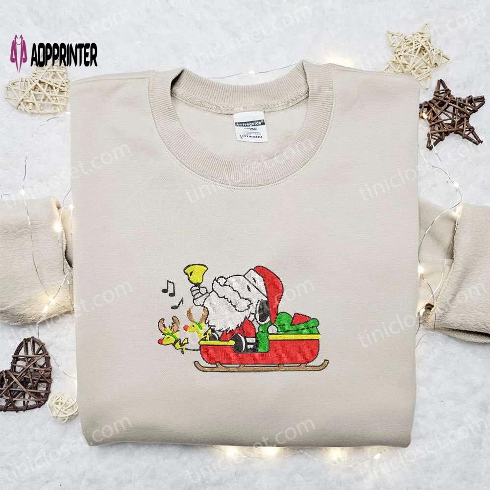 Snoopy santa riding sleigh shirt hoodie & sweatshirt: festive cartoon embroidery for christmas Embroidered Shirt