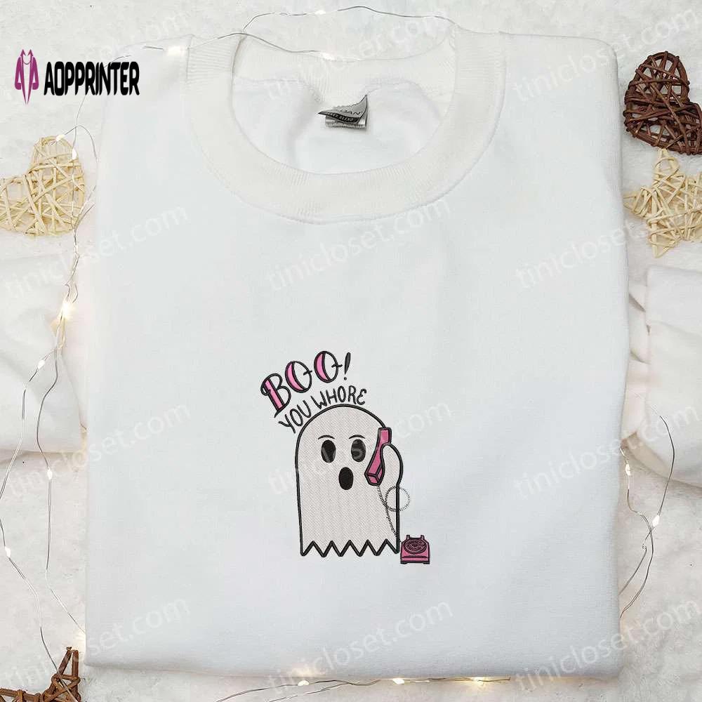 Spooky boo you whore embroidered shirt – top halloween gift ideas Embroidered Shirt