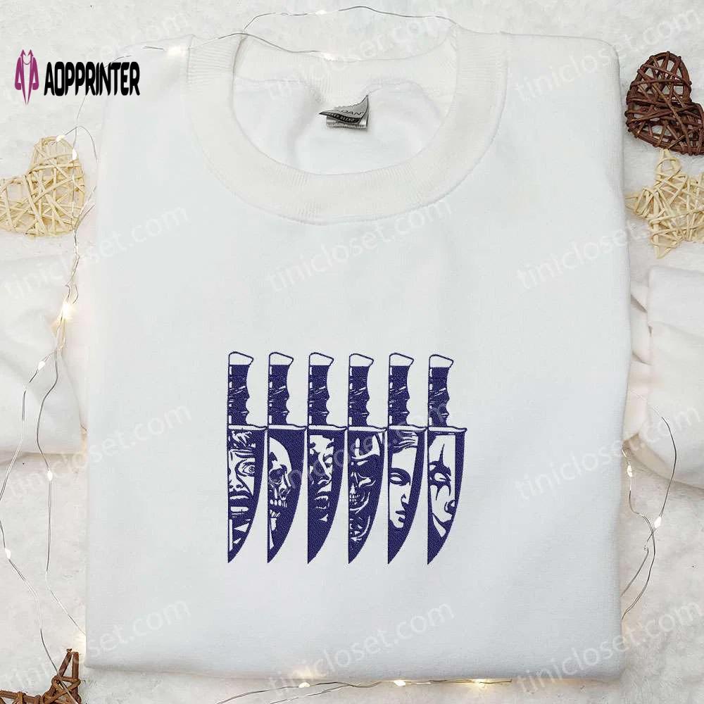 Spooky horror characters halloween knife embroidered shirt – scary & best halloween gifts for family Embroidered Shirt