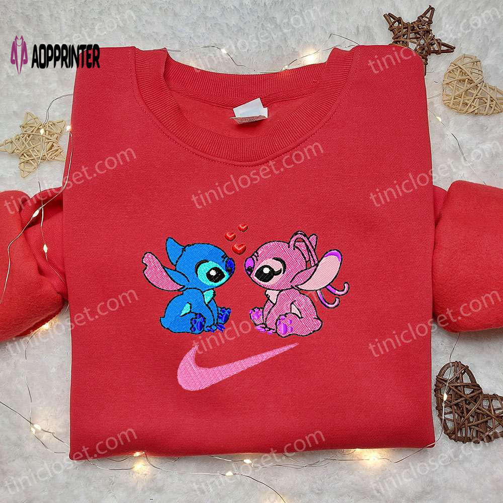 Stitch and angel love x nike swoosh cartoon embroidered shirt – lilo and stitch inspired Embroidered Shirt