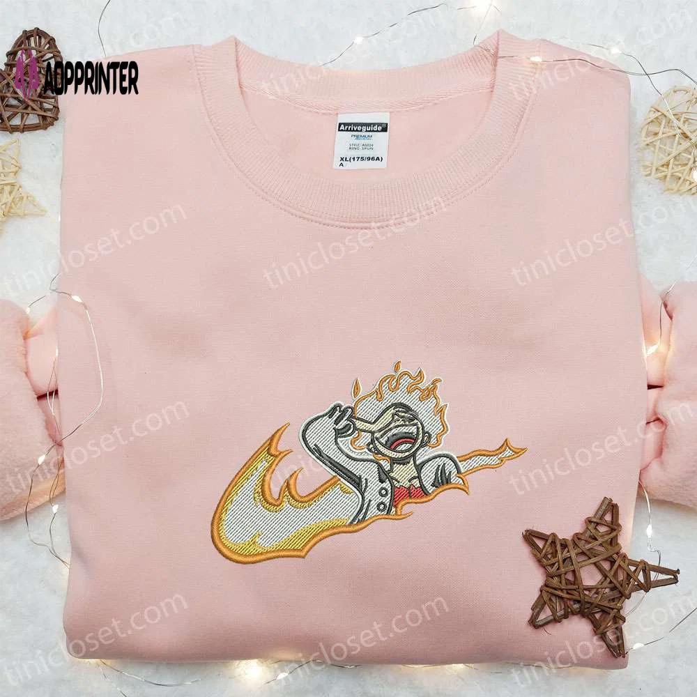 Swoosh x luffy gear 5 laughing sweatshirt: best one piece anime embroidered shirt perfect gift for all occasions Embroidered Shirt