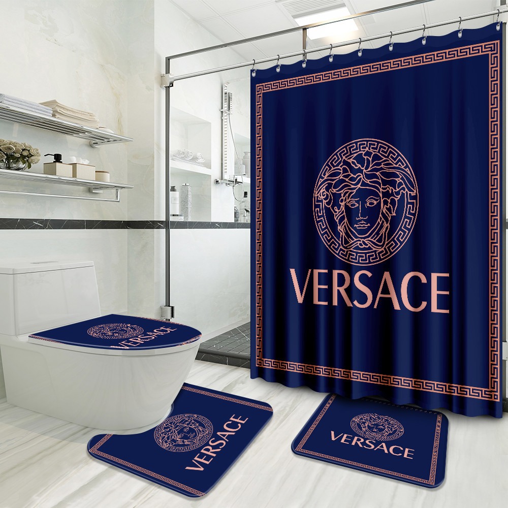 Versace blue preium logo type 1306 Bathroom Accessory Sets Waterproof Shower Curtain Bathroom Sets Luxury Fashion Brand Home Decor Hypebeast Bathroom Bath Mat Set Pedestal Rug Toilet Cover