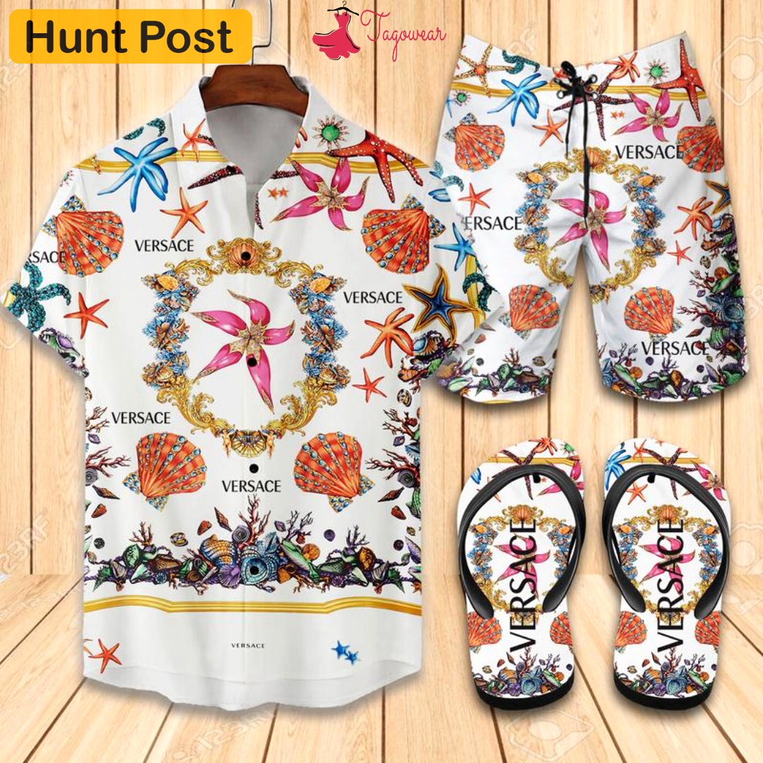Versace flip flops and combo hawaiian shirt, beach shorts luxury summer clothes style #497 Hawaii Shirt Shorts & Flip Flops