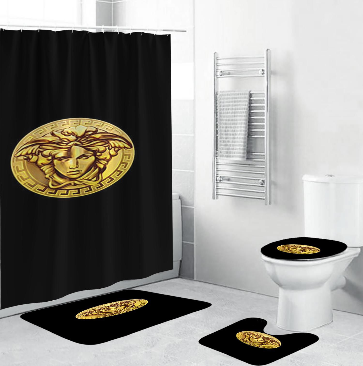 Versace golden logo in mistic black bathroom set shower curtain set Bathroom Set