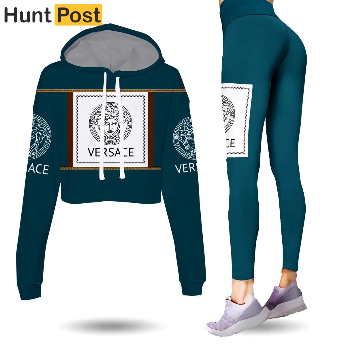 Versace teal color luxury brand clothes leggings and crop top set for women Croptop Hoodie Legging Set