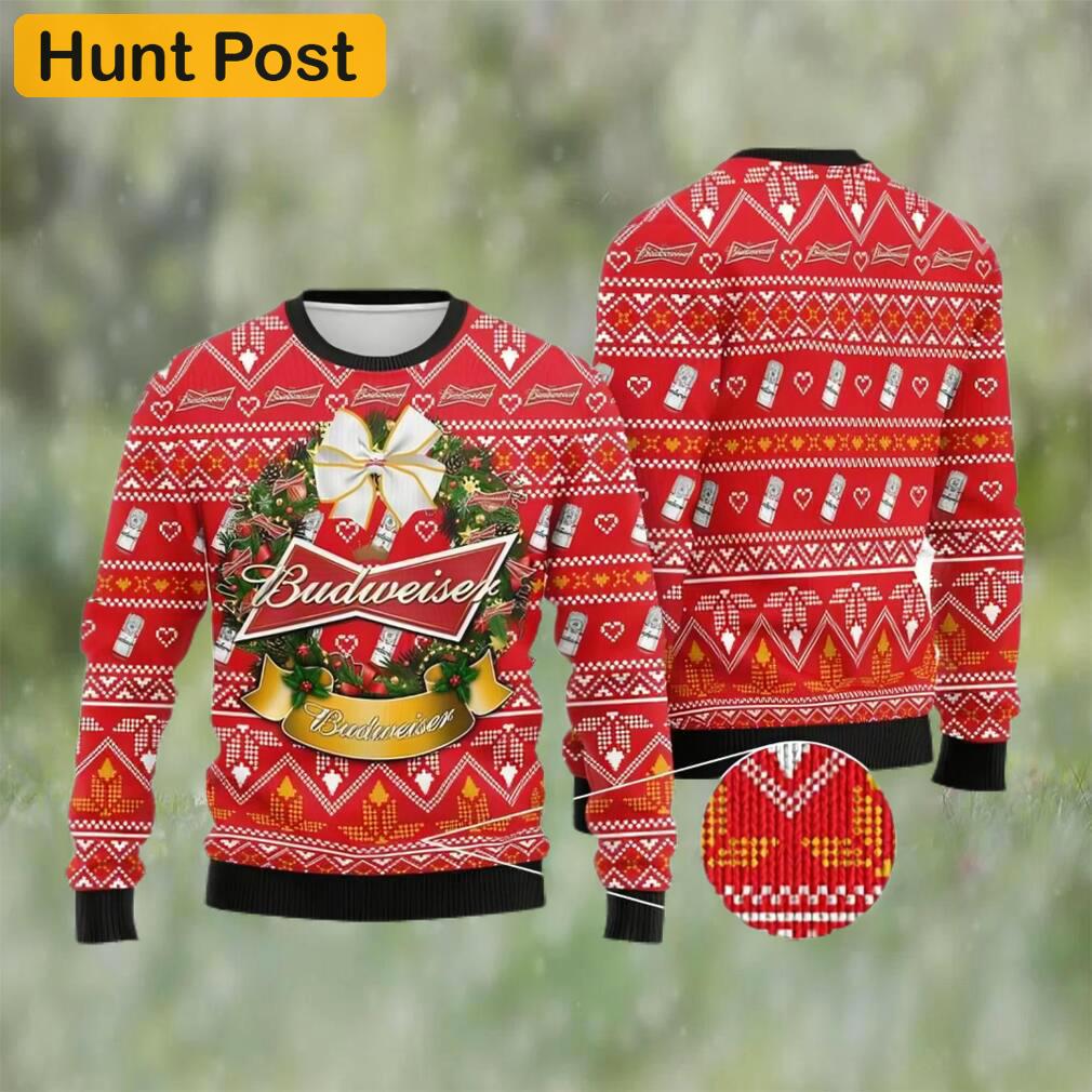 Wreath budweiser beer ugly christmas sweater, faux wool sweater, gifts for beer lovers, international beer day, best christmas gifts for 2022 ? prinvity Christmas Ugly Sweater