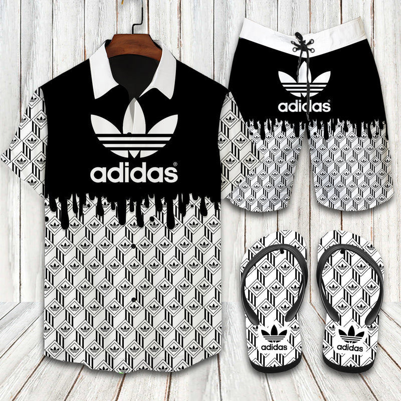 Adidas white black logo pattern hawaiian shirt shorts and flip flops combo Hawaii Shirt Shorts & Flip Flops