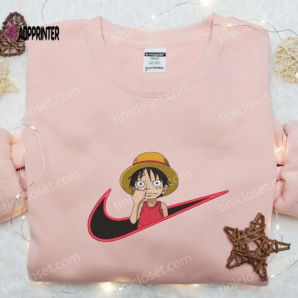 Anime embroidered shirt: monkey d luffy x nike swoosh one piece & nike inspired – shop now! Embroidered Shirt