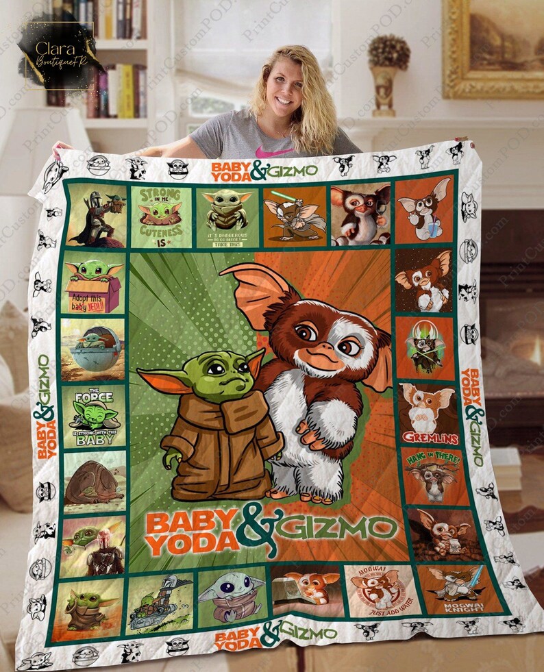 Baby yoda and gizmo fleece blanket, mink sherpa blanket, gizmo blanket, baby yoda quilt Quilt Blanket