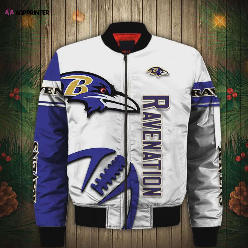 Baltimore ravens graphic ball pattern bomber jacket – white purple Bomber Jacket