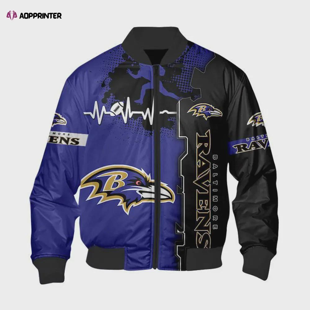 Baltimore ravens heart ecg line pattern bomber jacket – purple black Bomber Jacket