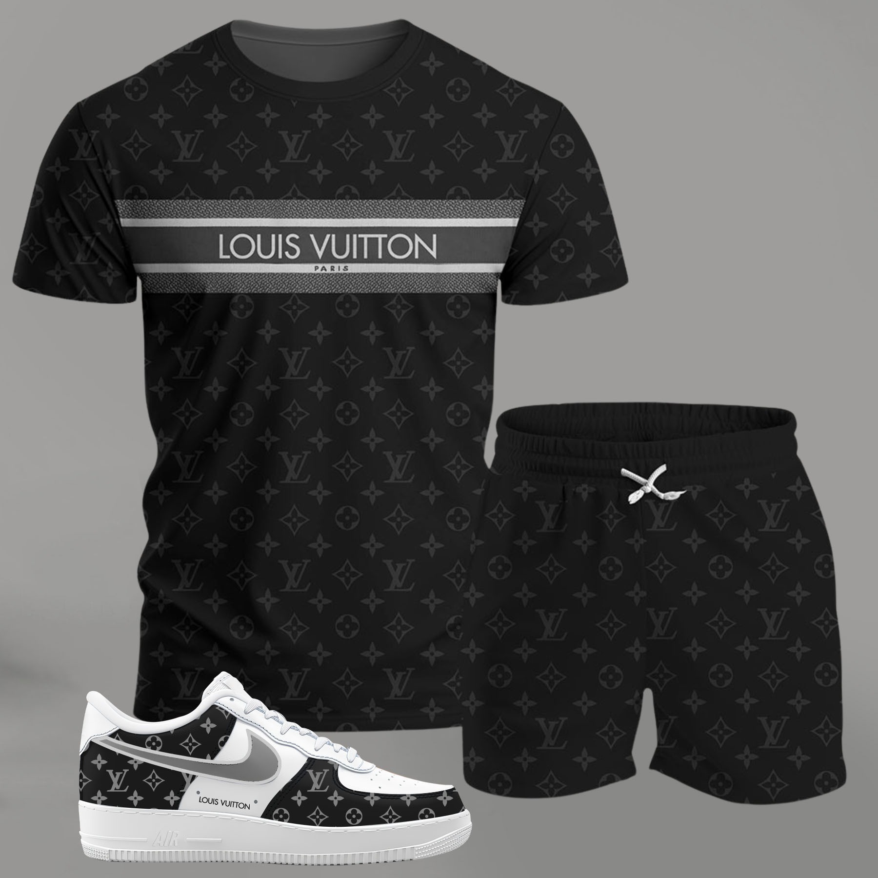 Black monogram stripe set for men, minimal patterned t-shirt and shorts combo with clean contrast sneakers T-Shirt Short Sneakers Set