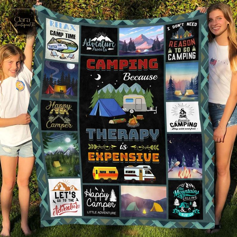 Camping because therapy is expensive the mountains are calling and i must go fleece blanket, mink sherpa blanket, camping quilt Quilt Blanket