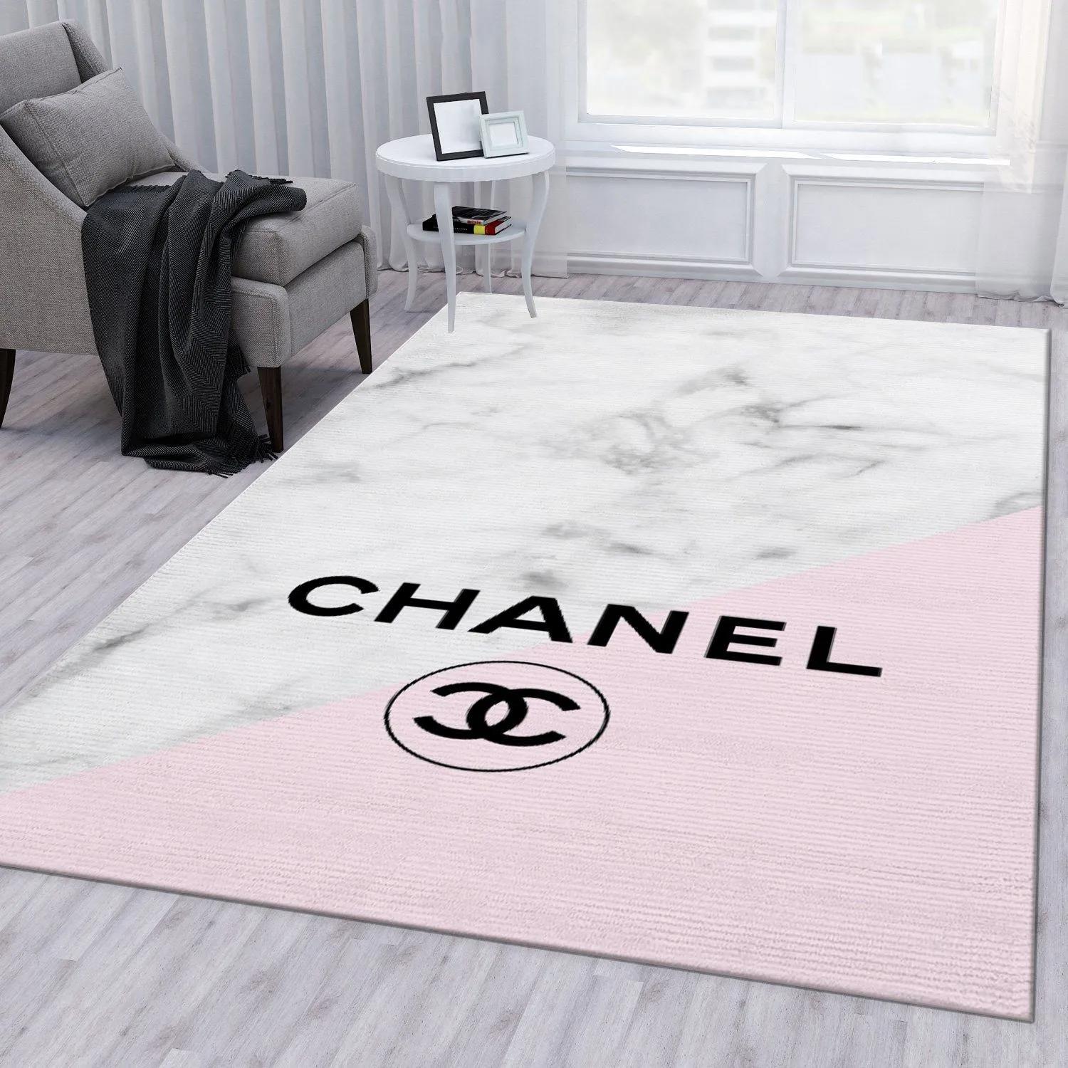 Chanel logo type 449. Upgrade Your Living Room with Luxury Home Decor: Area Carpets, Floor Decor, Door Mats, and Hot Gift Items with style a High-End Fashion Brand Rectangle Rug