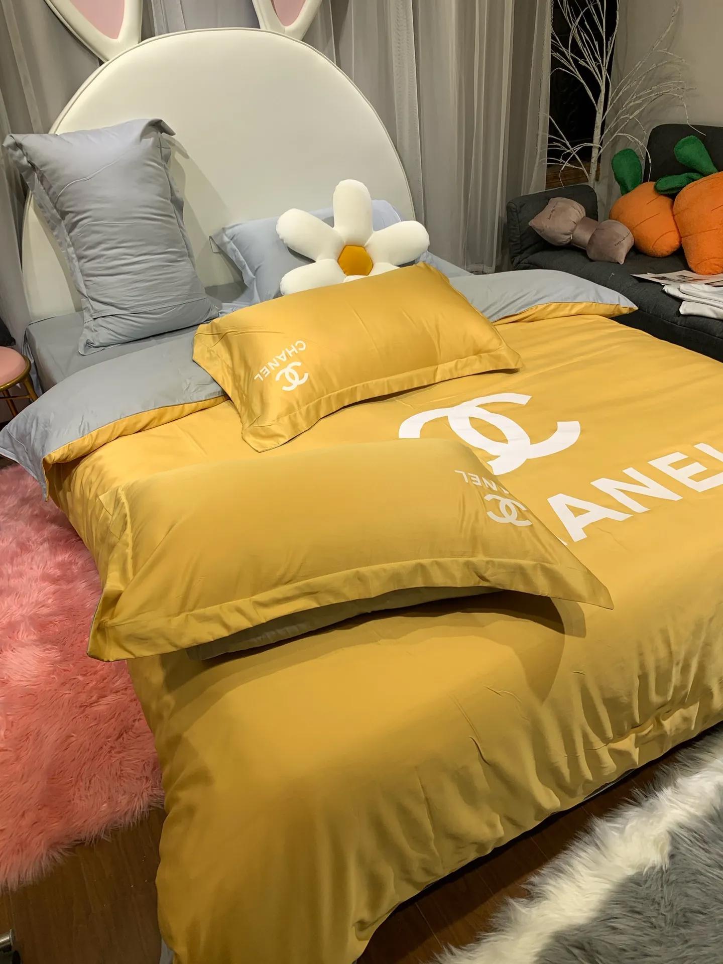 Chanel yellow bedding 3d printed bedding sets quilt sets duvet cover luxury brand bedding decor bedroom sets best luxury bed sets gift thankgivings and christmas Bedding Sets