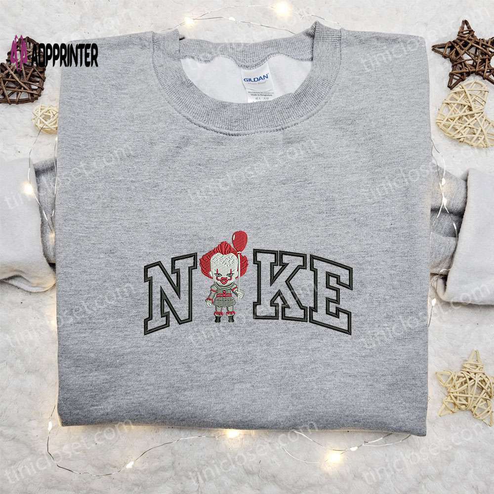 Chibi pennywise x nike embroidered hoodie & shirt: best halloween gift ideas Embroidered Shirt