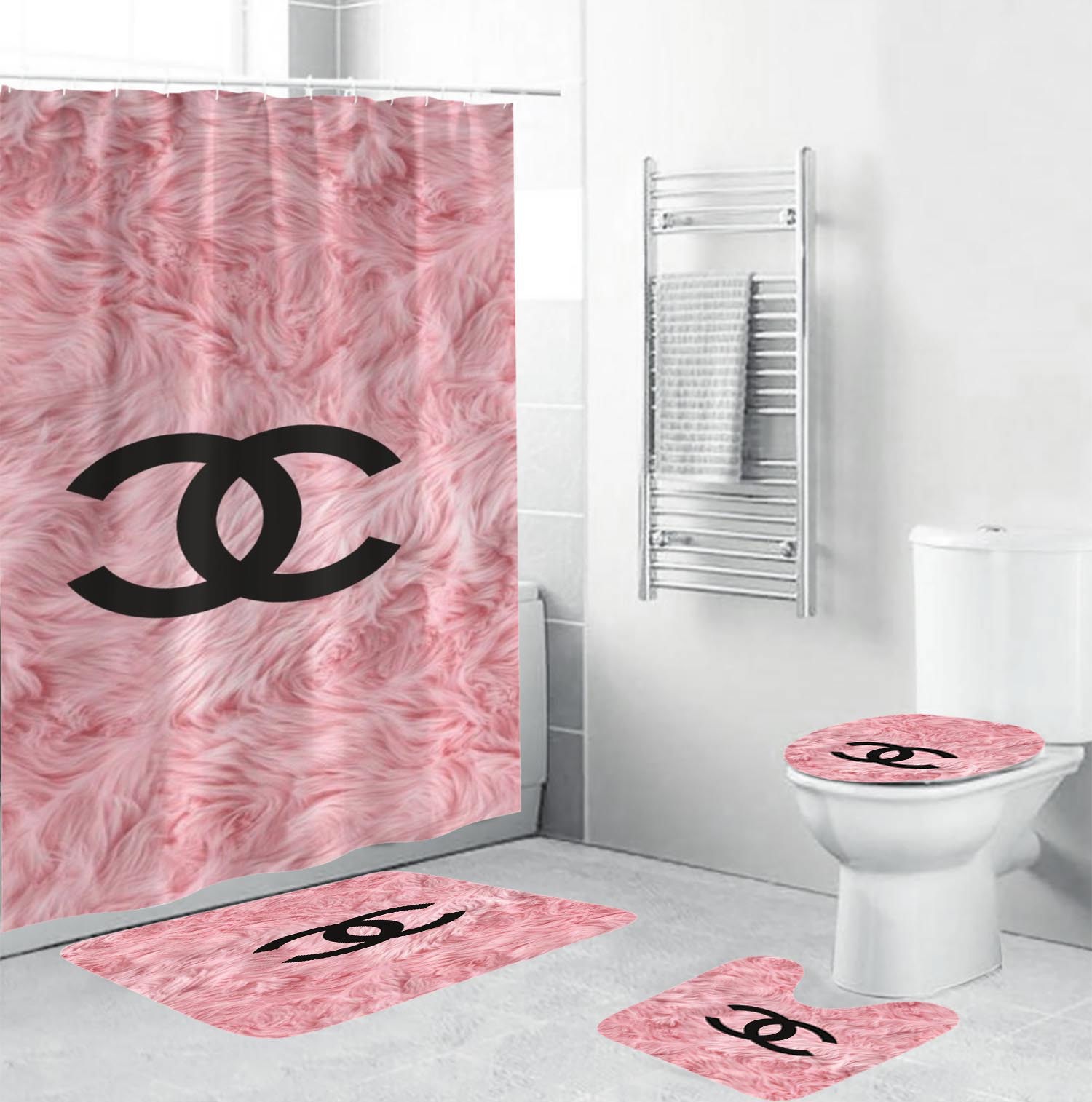 Coco chanel black logo in pink feather bathroom set shower curtain Bathroom Set