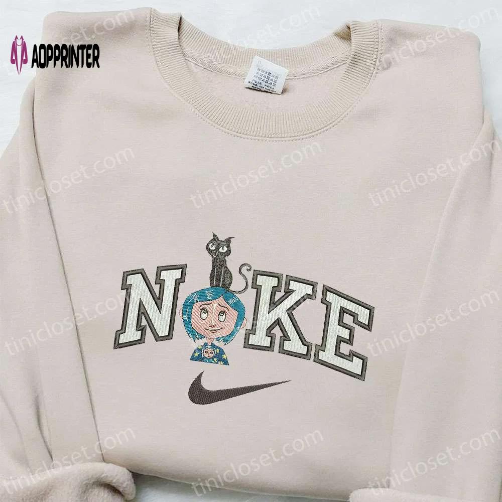 Coraline & cat x nike cartoon embroidered shirt – halloween & nike inspired design Embroidered Shirt
